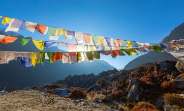 Vibrant prayer flags under blue sky in the serene Langtang Valley, Nepal.